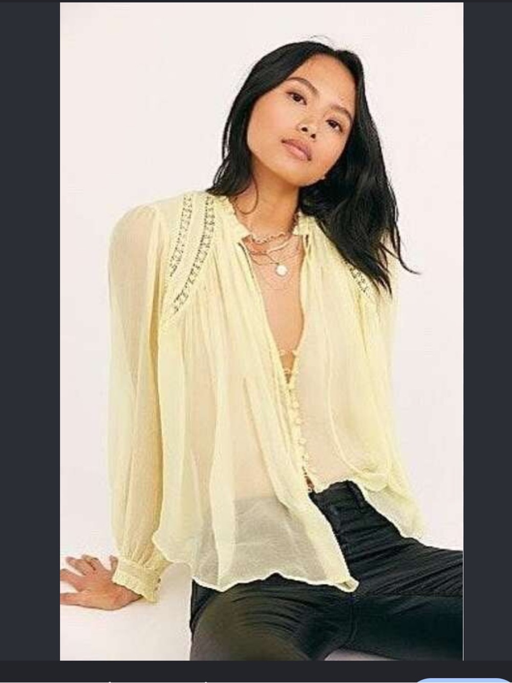 Free People Light Yellow Sheer Lace-Trim Button-Down Top